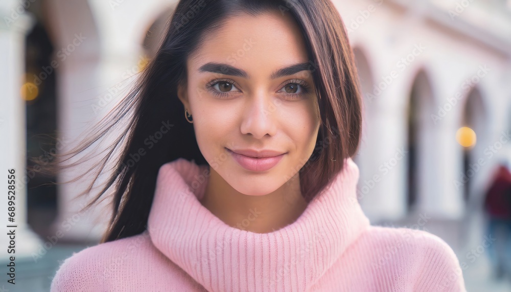young adult beautiful brunette woman wears a pink pastel style sweater young adult beautiful brunette woman wears a pink pastel style sweater