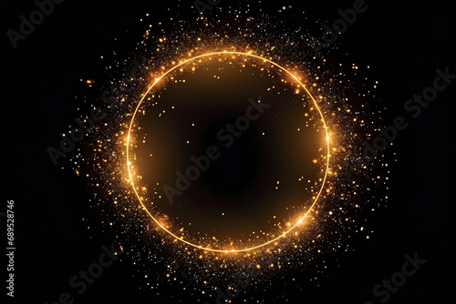 Gold glitter circle of light shine sparkles and golden spark particles in circle frame on black background. Christmas magic stars glow, firework confetti of glittery ring shimmer 