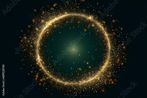 Gold glitter circle of light shine sparkles and golden spark particles in circle frame on green background. Christmas magic stars glow, firework confetti of glittery ring shimmer 