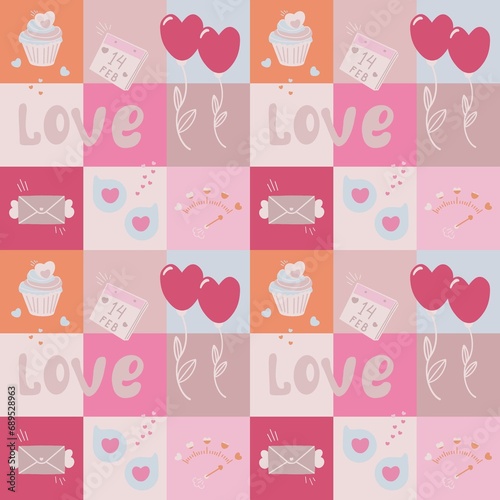 Seamless pattern for Valentine's Day and Valentine's Day with geometric background in the form of squares.