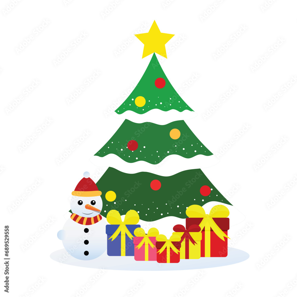 christmas tree with gift,red yellow blue green,star,snowman,vector illustration