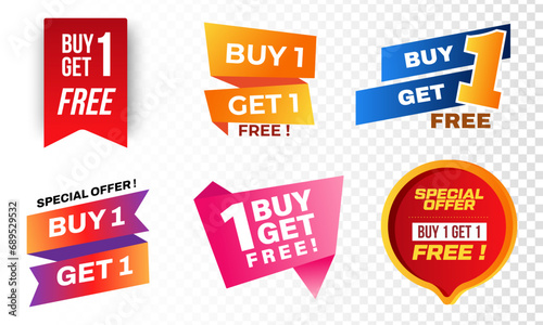 Sale banners buy 1, get 1 for free. Buy one get one Free. Sticker. Buy at half price or 50%. Free Talker.
