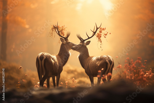 a pair of deer are hugging