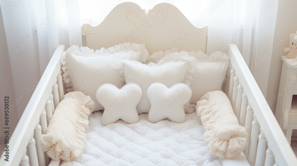 White wooden baby crib with pillows - obrazy, fototapety, plakaty 