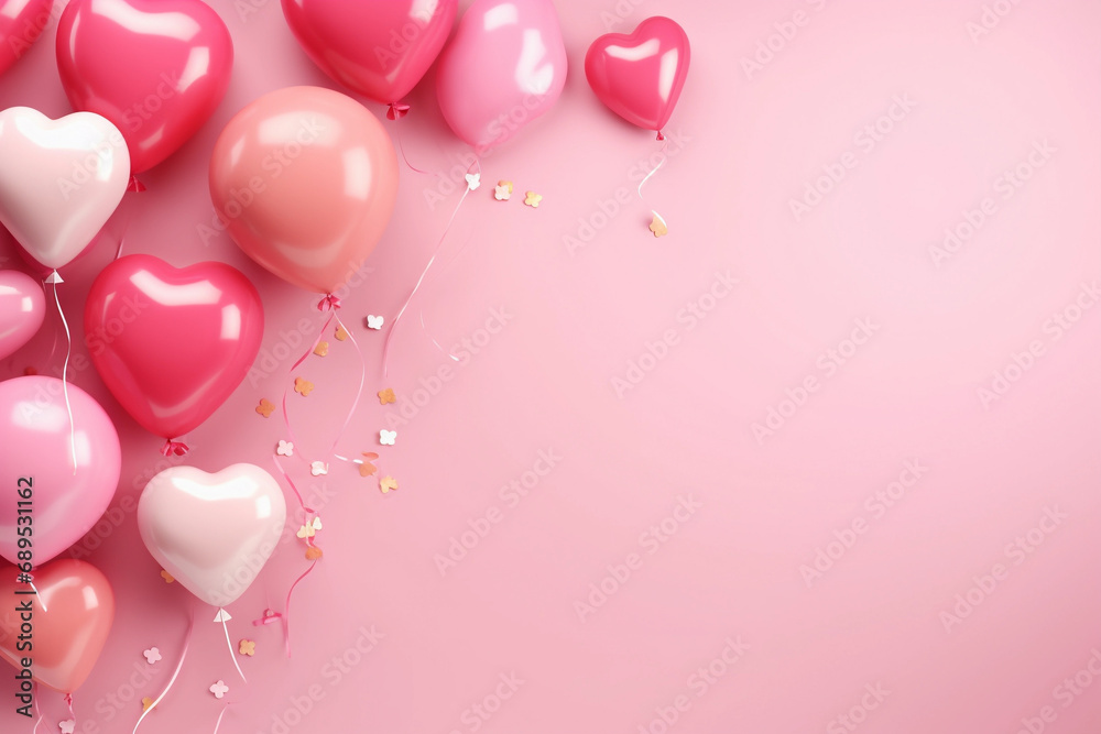 Creative Valentine There are colorful balls. on pink background, banner, postcard, invitation, celebration, flat top .Generative Al IIIustration