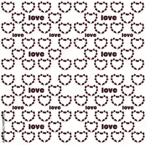 A pattern of small hearts of brown and beige colour , and title love on a white background.