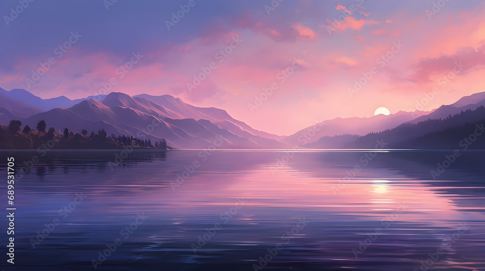 Fantastic winter landscape. Mountain lake at night with moon and stars