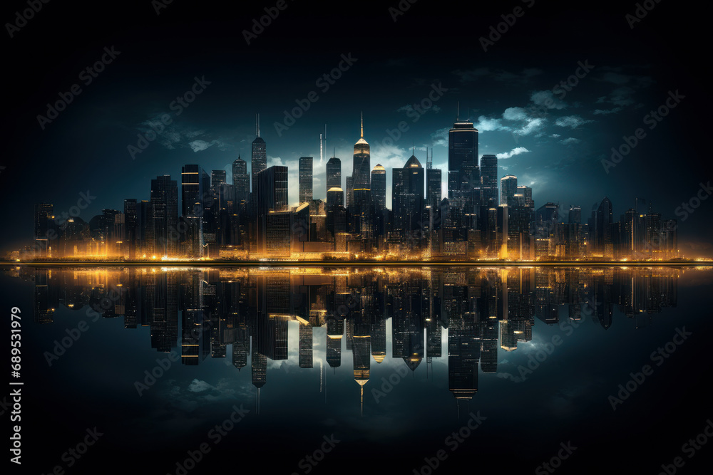 Night reflection of a big city. Generative AI.
