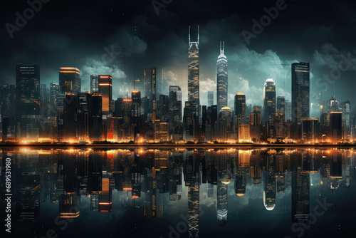 Night reflection of a big city. Generative AI.