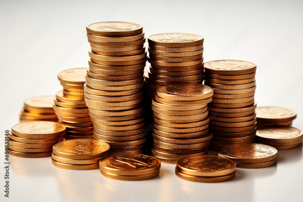 Piles in rows of golden coins, isolated on white background. Generative AI. Piles in rows of golden coins, isolated on white background. Generative AI.
