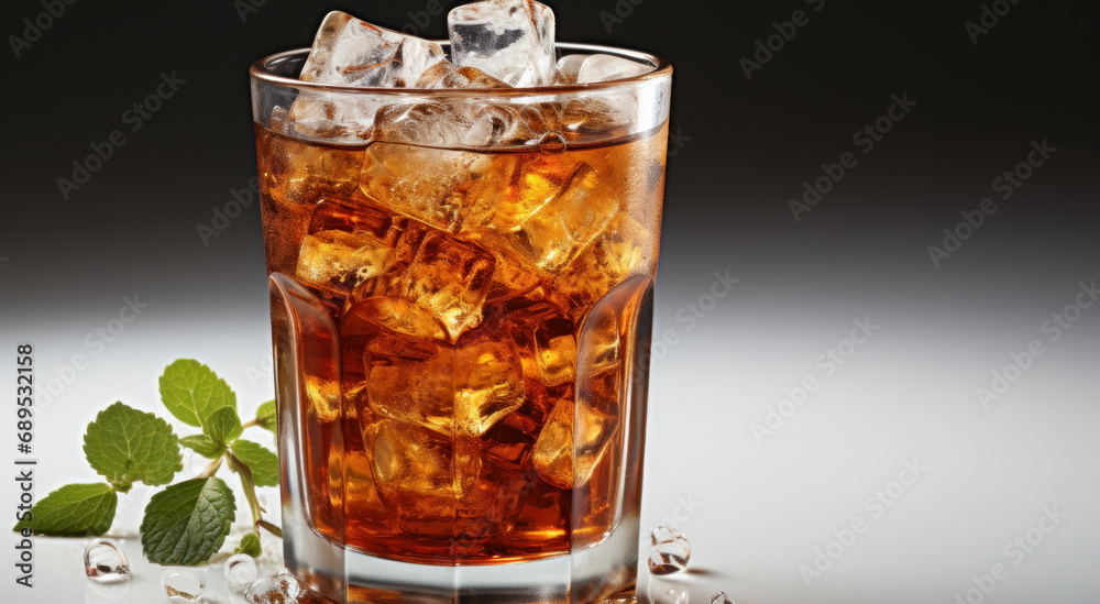 Transparent glass glass with a refreshing cola drink and lots of ice. Generative AI. Transparent glass glass with a refreshing cola drink and lots of ice. Generative AI.