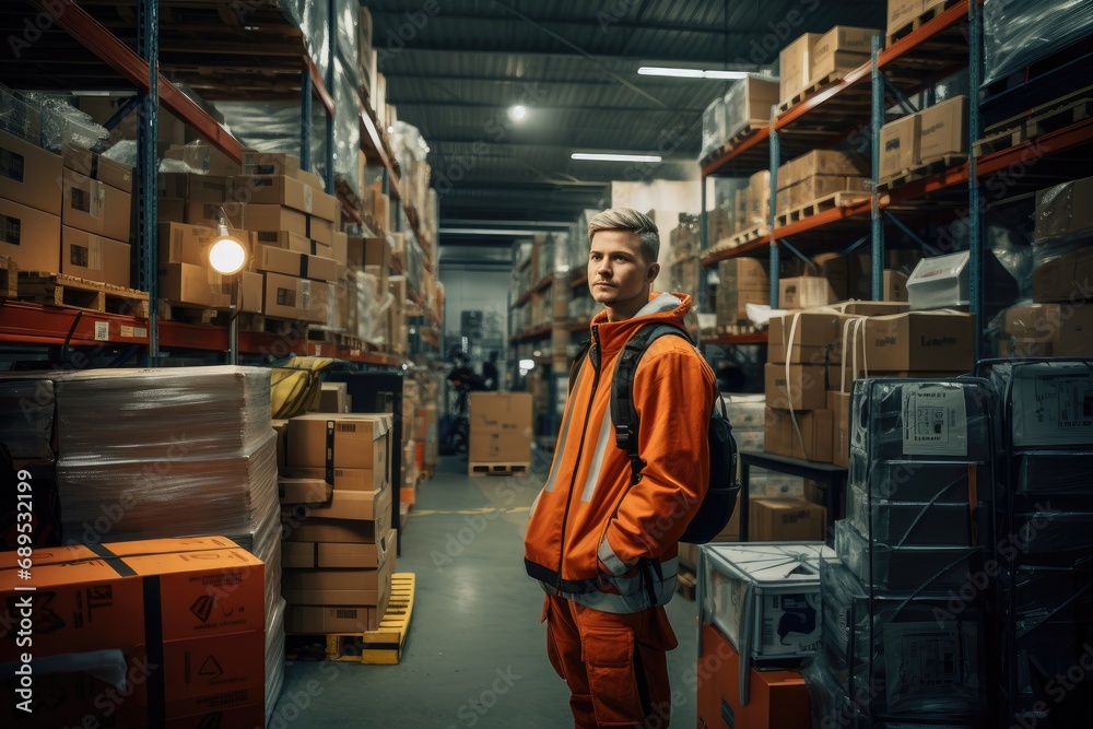 Portrait of a male warehouse worker standing in warehouse. This is a freight transportation and distribution warehouse. Industrial and industrial workers concept, AI Generated