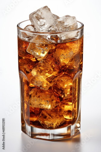 Transparent glass glass with a refreshing cola drink and lots of ice. Generative AI.