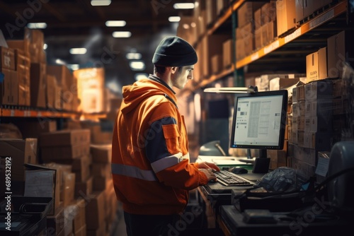 Side view of male warehouse worker using computer in warehouse. This is a freight transportation and distribution warehouse. Industrial and industrial workers concept, AI Generated