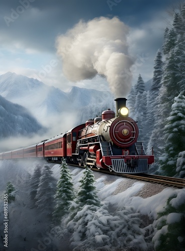Steam locomotive in the forest. Retro train on the background of snowy mountains. 