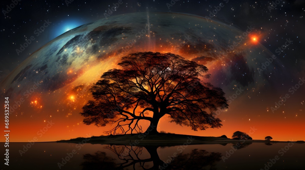 Fantasy landscape with tree and starry sky.