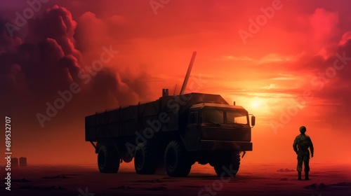 dramatic light, North Korean soldier against background of S-300 military vehicle, North Korean flag, red sunset, --ar 16:9 --stylize 250 --v 5.1 Job ID: 4ff81012-b1a9-4544-98ff-0a81f66e7418