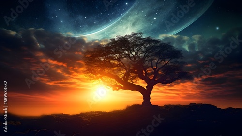 Fantasy landscape with a big tree and a starry sky. Mystical landscape with magic tree and stars.