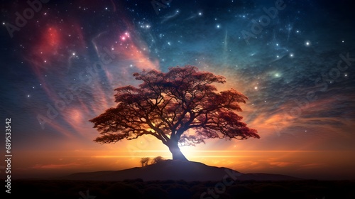 Fantasy landscape with a big tree and a starry sky. Mystical landscape with magic tree and stars.