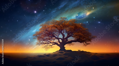 Fantasy landscape with a big tree and a starry sky. Mystical landscape with magic tree and stars.