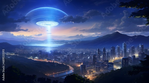 Fantasy landscape with mountains and city at night.  Futuristic cityscape with planet earth in the sky.