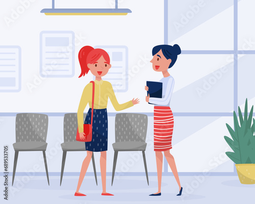 Woman at Job Interview Standing and Talking to Manager Vector Illustration © Happypictures