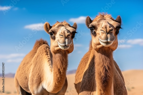 A extreme close-up photo of two camels looking at the camera with curious facial expression, isolated nature and blur background... © Kuo