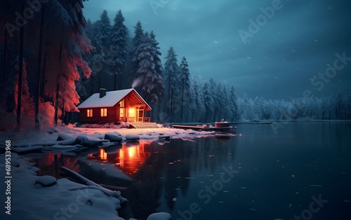 Foggy house on the shore of Lake. Beautiful wooden house on the lake at night in winter forest. © CosmicAtmoDN