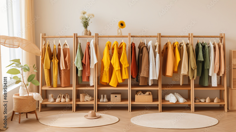 Wooden Clothing Rack with childrens autumn outfits