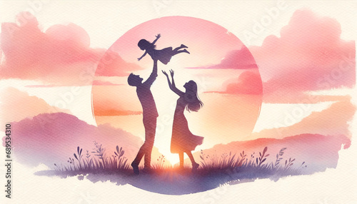 Silhouette photo of a parent and child holding a child                                             