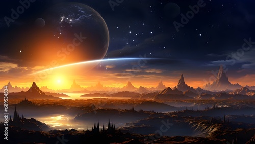 Fantasy alien planet. mountain and lake background.