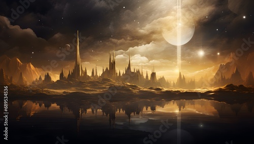 Fantasy landscape with mystic temple and moon.