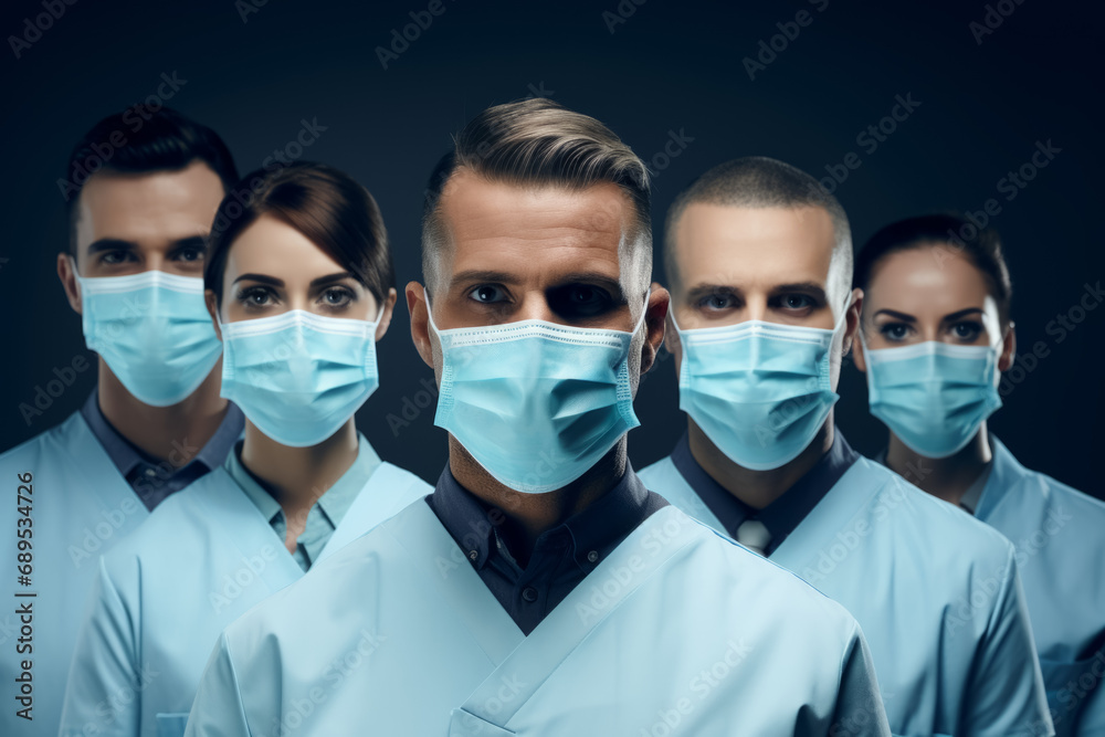 Surgeons Team. Doctors wearing protective uniform after operation, looking at camera Surgeons Team. Doctors wearing protective uniform after operation, looking at camera