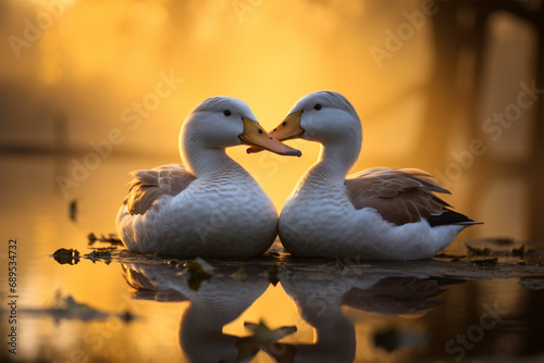 a pair of ducks are hugging