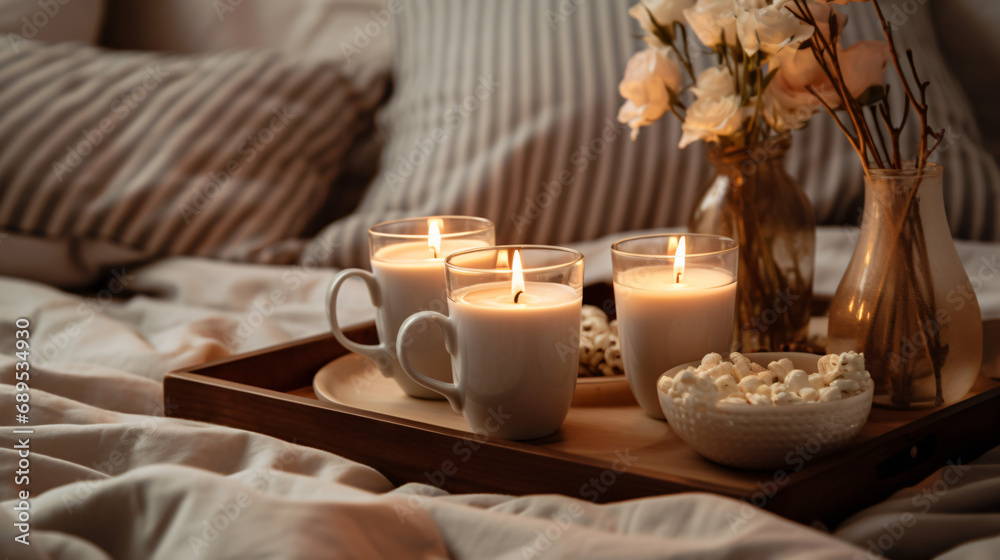 Wooden tray of coffee and candles