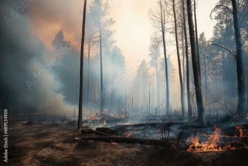 Burned trees after wildfire pollution, Forest fire.