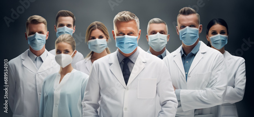 Group of doctors with face masks looking at camera, corona virus concept