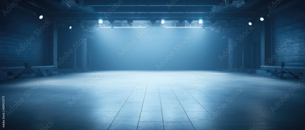 Empty modern theater stage with blue lighting and smoky atmosphere. Performance and entertainment background. - obrazy, fototapety, plakaty 