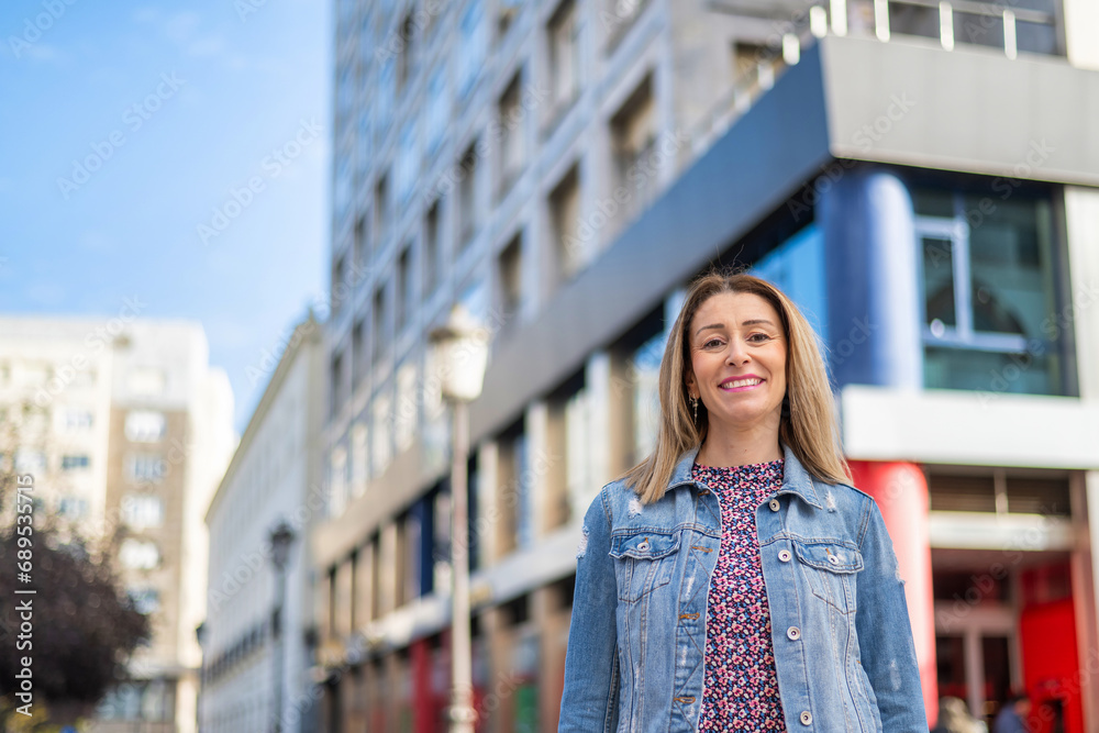 Happy And Smiling Female Standing In The Street Happy And Smiling Female Standing In The Street