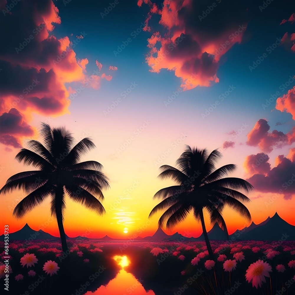 Picturesque Beach Estuary Landscape with Palm Trees during Sunset Realistic Illustration