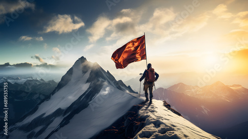 Mountain climber reaching the summit with a flag against a backdrop of expansive mountain views. © Tom