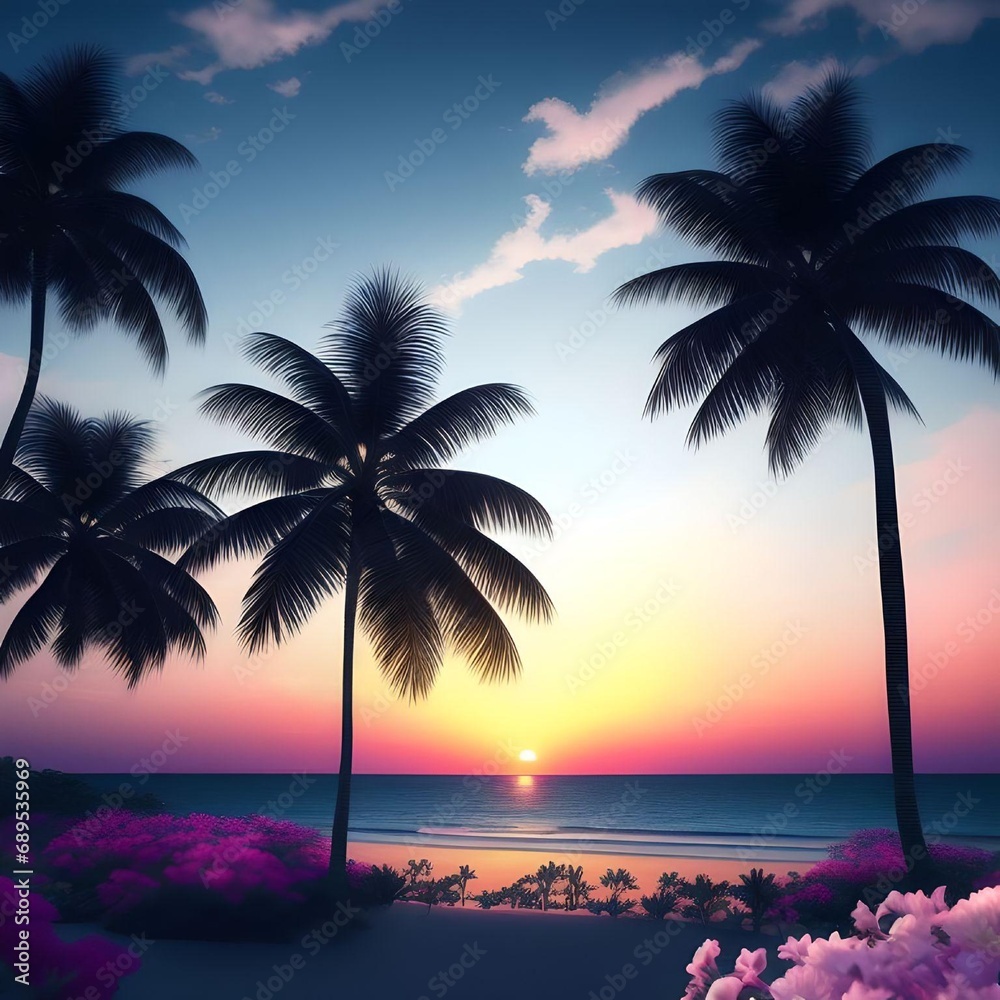 Realistic Beach Landscape with Flowers and Palm Trees during Sunrise Landscape Illustration