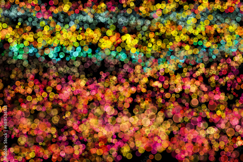 Bokeh lights effect on Yellow, Pink, Red, Orange, Green, Blue color, Black Background, Abstract Blur, Glitter, Defocused, Seamless polka dot pattern , Creative, Illustration design