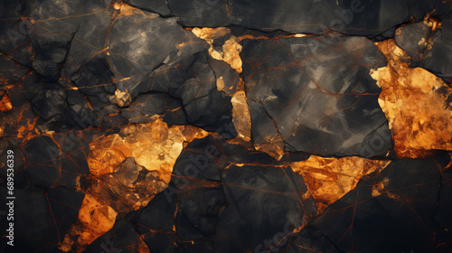 Rocky textures, cracks, and glowing orange light. Abstract geological wonders, dynamic surfaces, and ethereal illumination converge in a visually stunning depiction of abstract art.