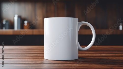 White coffee cup on wooden table in kitchen, Mockup set-up for overlaying custom quotes and design.