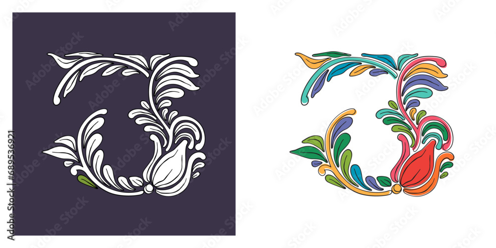3 logo. Number three with botanical and flower pattern. Traditional leaves and curved lines embroidery ornament. Icon for wedding ceremony, vintage greeting cards, birthday identity, party invitations