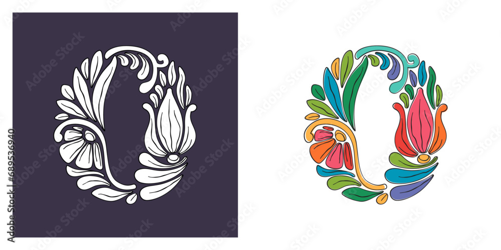 0 logo. Number zero with botanical and flower pattern. Traditional leaves and curved lines embroidery ornament. Icon for wedding ceremony, vintage greeting cards, birthday identity, party invitations
