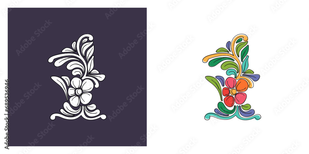 1 logo. Number one with botanical and flower pattern. Traditional leaves and curved lines embroidery ornament. Icon for wedding ceremony, vintage greeting cards, birthday identity, party invitations 1 logo. Number one with botanical and flower pattern. Traditional leaves and curved lines embroidery ornament. Icon for wedding ceremony, vintage greeting cards, birthday identity, party invitations