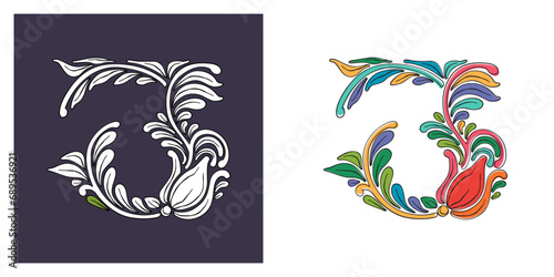 Fototapeta Naklejka Na Ścianę i Meble -  3 logo. Number three with botanical and flower pattern. Traditional leaves and curved lines embroidery ornament. Icon for wedding ceremony, vintage greeting cards, birthday identity, party invitations