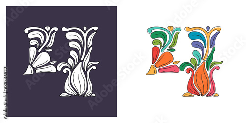 4 logo. Number four with botanical and flower pattern. Traditional leaves and curved lines embroidery ornament. Icon for wedding ceremony, vintage greeting cards, birthday identity, party invitations